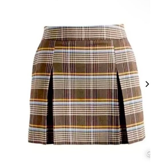 Topshop Plaid Miniskirt Size 12 Box Pleats Brown Cream NWT - Picture 1 of 11